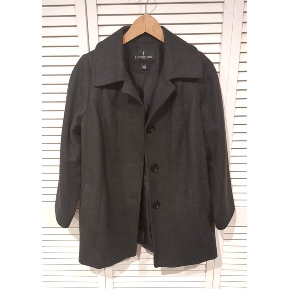 London Fog Wool Blend Pea Coat Womens L Gray 3 Button 90s Y2K Vtg Classic Staple - Picture 2 of 10